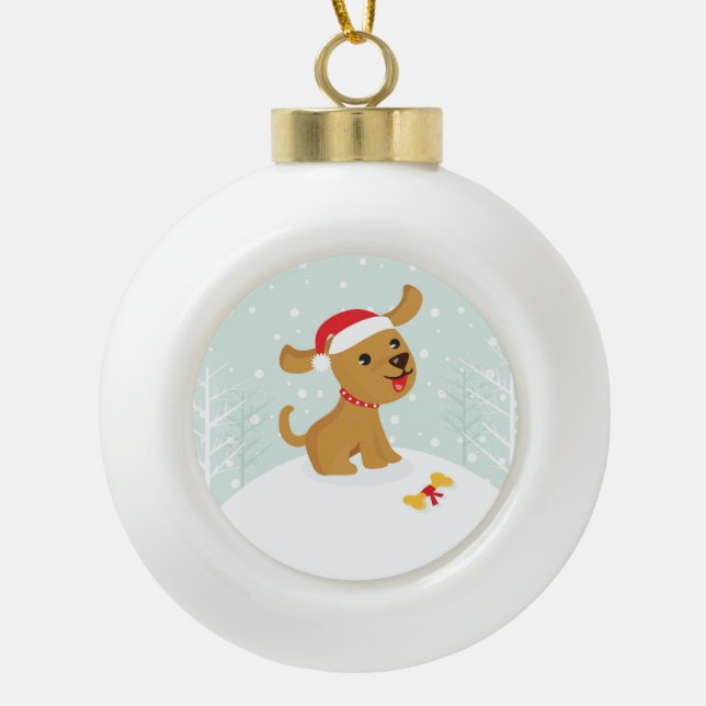 Niedliche Darstellung eines Welpen im Schnee Keramik Kugel-Ornament (Vorderseite)