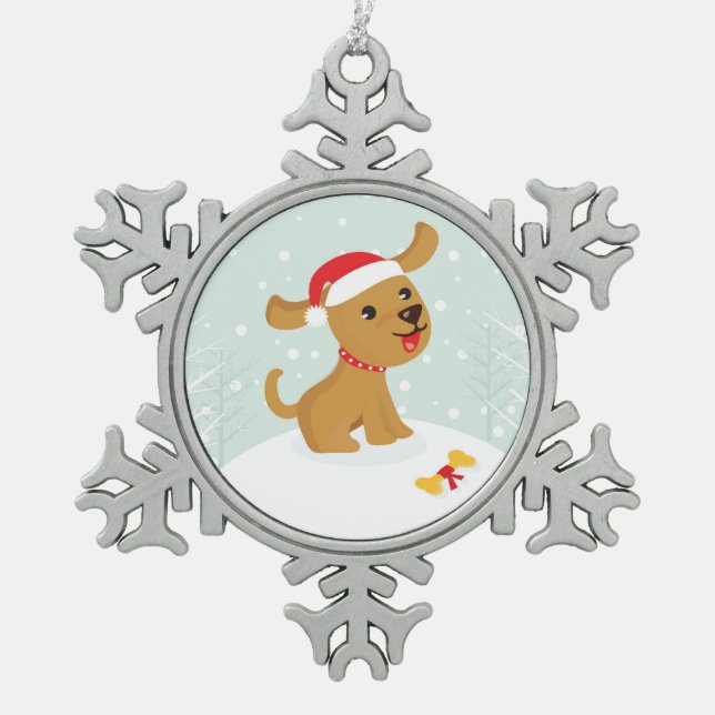 Niedliche Darstellung eines Welpen im Schnee Schneeflocken Zinn-Ornament (Vorderseite)