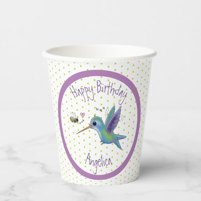 Niedliche Darstellung von Kolibris und Bienen-Cart Pappbecher (Vorderseite)