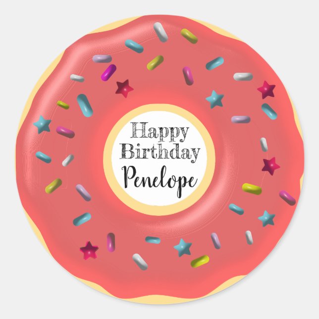 Niedliche Dekoration in rosa Donut | Happy Birthda Runder Aufkleber (Vorderseite)