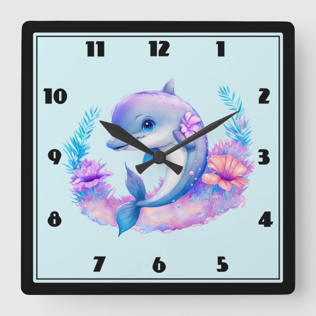 Niedliche Delphinmeerkreatur Quadratische Wanduhr (Vorderseite)