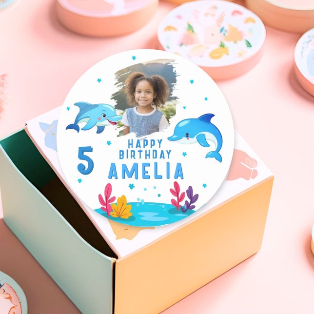 Niedliche Delphintiere Foto Geburtstag Runder Aufkleber (Von Creator hochgeladen)