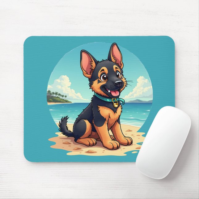 Niedliche Deutscher Schäferhund Welpe Beach Illust Mousepad (Mit Mouse)