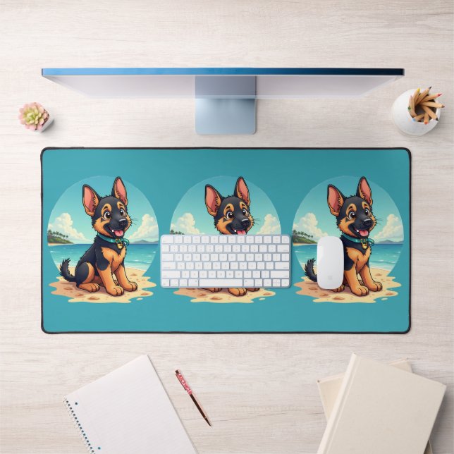 Niedliche Deutscher Schäferhund Welpe Beach Illust Schreibtischunterlage (Büro 1)