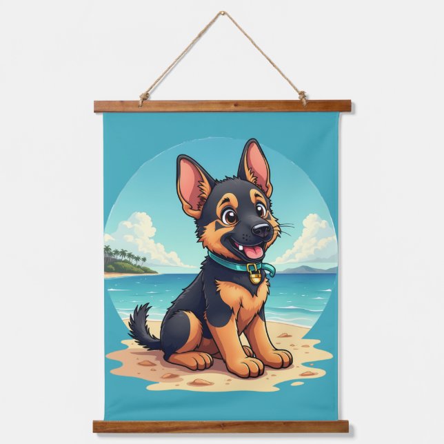 Niedliche Deutscher Schäferhund Welpe Beach Illust Wandteppich Mit Holzrahmen (Vorderseite)