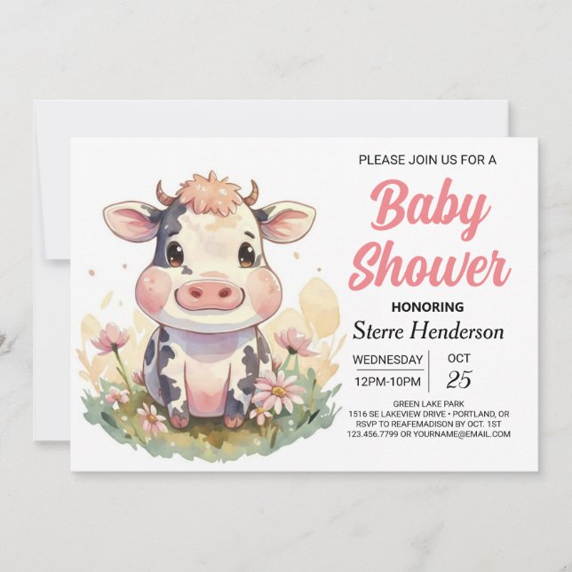 Niedliche Digital Farmyard Editable Kuh Baby Dusch Einladung (Vorderseite)