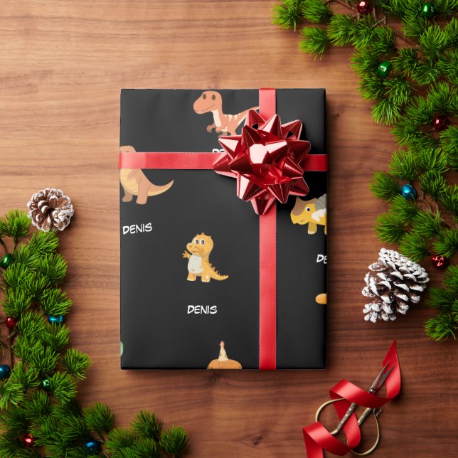 Niedliche Dino-Namen auf schwarz Geschenkpapier (Feiertagsgeschenk)