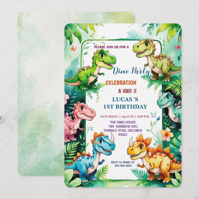 Niedliche DIno Wildblume Dinosaurier 1. Geburtstag Save The Date (Vorne/Hinten)