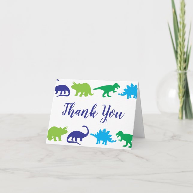 Niedliche Dinosaur Baby Dusche Dino Blue und Green Dankeskarte (Vorderseite)