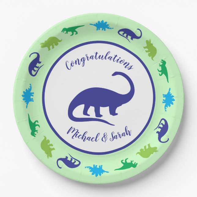 Niedliche Dinosaur Baby Dusche Dino Blue und Green Pappteller (Vorderseite)