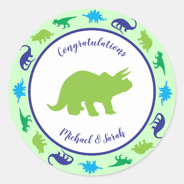 Niedliche Dinosaur Baby Dusche Dino Blue und Green Runder Aufkleber (Vorderseite)