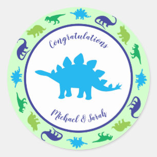 Niedliche Dinosaur Baby Dusche Dino Blue und Green Runder Aufkleber