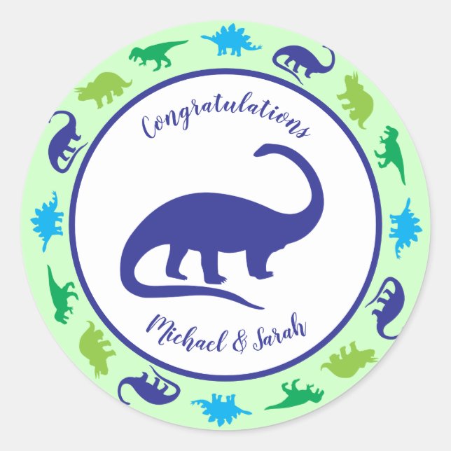 Niedliche Dinosaur Baby Dusche Dino Blue und Green Runder Aufkleber (Vorderseite)