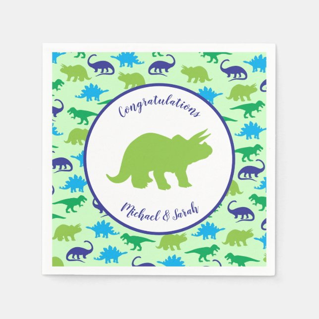 Niedliche Dinosaur Baby Dusche Dino Blue und Green Serviette (Vorderseite)