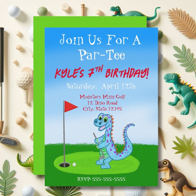 Niedliche Dinosaur Golf Thema 7. Geburtstag Einladung (Von Creator hochgeladen)