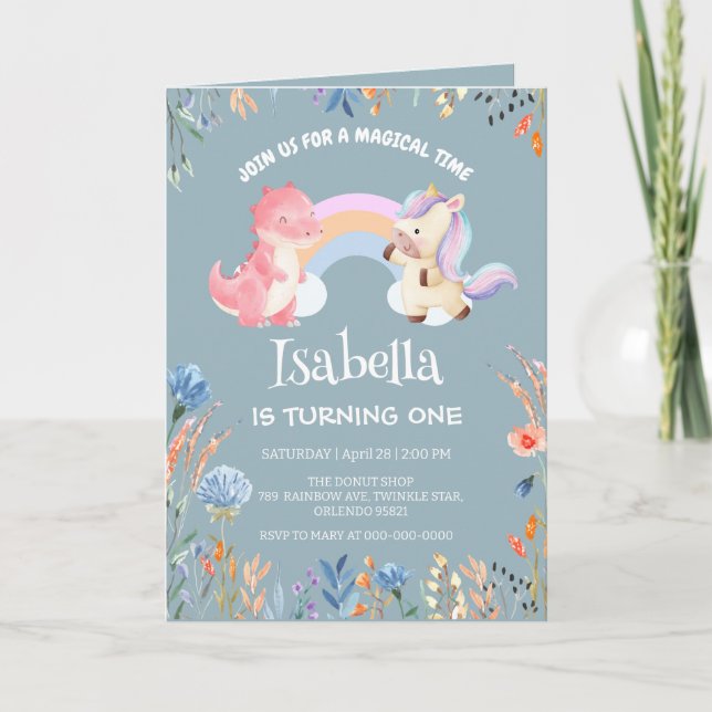 Niedliche Dinosaur Unicorn Regenbogen Blume Geburt Einladung (Vorderseite)