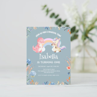 Niedliche Dinosaur Unicorn Regenbogen Blume Geburt Einladungspostkarte