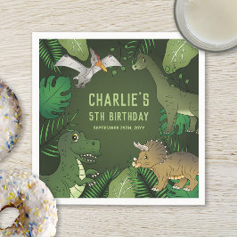 Niedliche Dinosaurier auf Grün mit Blätter Geburts Serviette