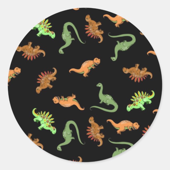 Niedliche Dinosaurier auf schwarzem Hintergrund Runder Aufkleber (Vorderseite)