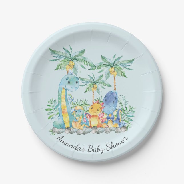Niedliche Dinosaurier Babydusche 7 Zoll Pappteller (Vorderseite)