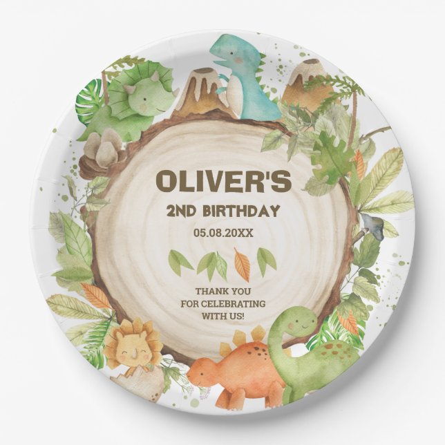 Niedliche Dinosaurier Boy Birthday Grüne Foliage Pappteller (Vorderseite)