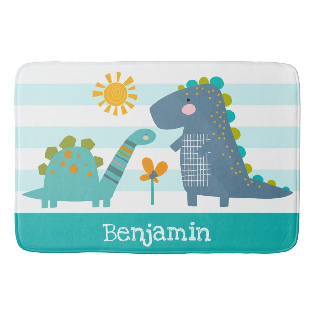 Niedliche Dinosaurier Boy Blue Stripes Name Fun Ka Badematte (Vorderseite)