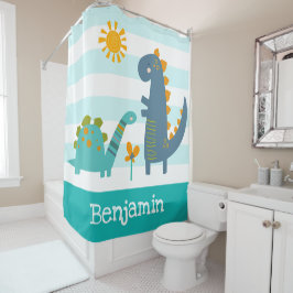 Niedliche Dinosaurier Boy Blue Stripes Name Fun Ka Duschvorhang