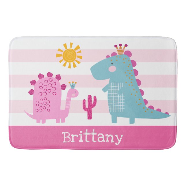 Niedliche Dinosaurier Girl Pink Streifen Name Fun  Badematte (Vorderseite)