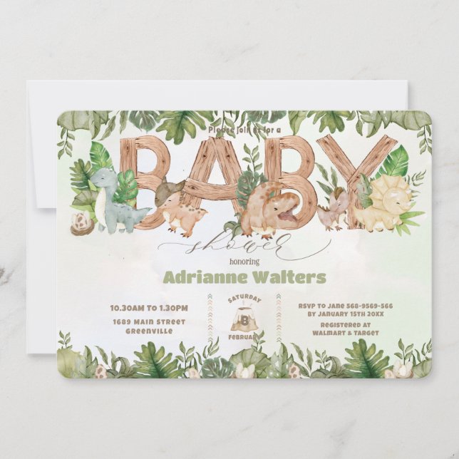 Niedliche Dinosaurier Greenery Boy Baby Shower Einladung (Vorderseite)