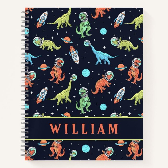 Niedliche Dinosaurier im Weltraum Fun Pattern Notizbuch (Vorderseite)