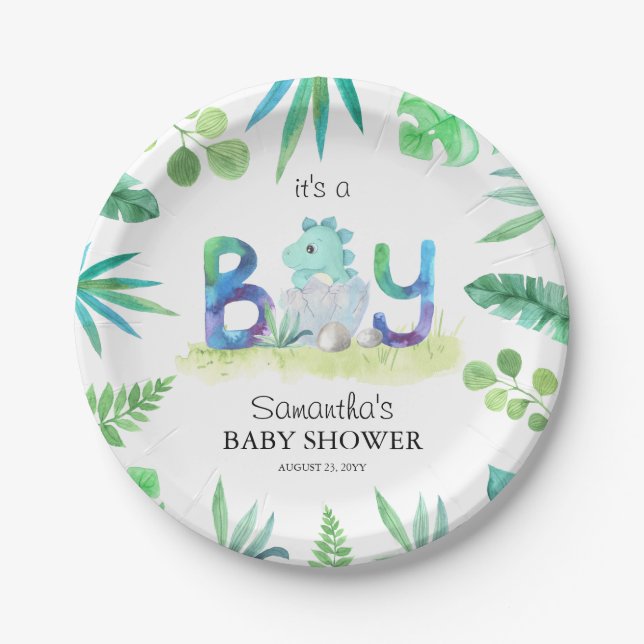 Niedliche Dinosaurier "It's a Boy" Kinderdusche Pappteller (Vorderseite)