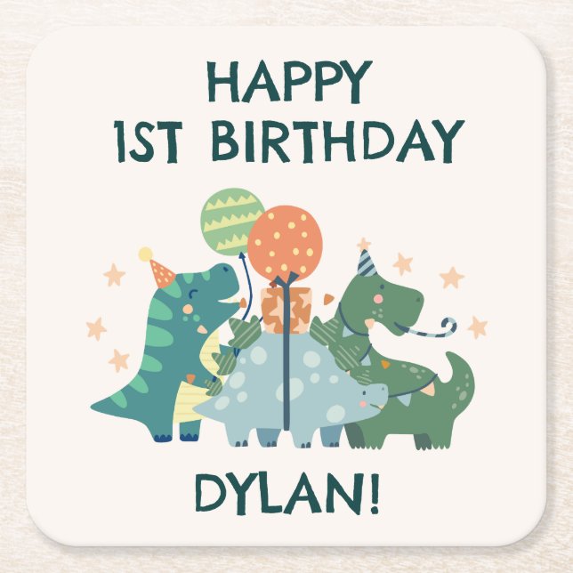 Niedliche Dinosaurier Kid's Happy Birthday Rechteckiger Pappuntersetzer (Vorderseite)
