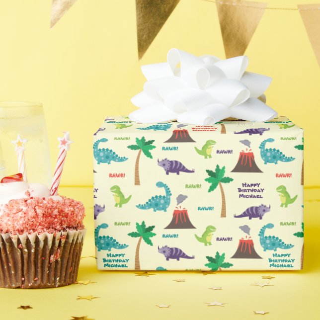 Niedliche Dinosaurier Kid's Individuelle Name Gebu Geschenkpapier (Geburtstagsparty)