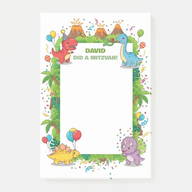 Niedliche Dinosaurier Kids Personalisiert Mitzvah Post-it Klebezettel (Vorderseite)