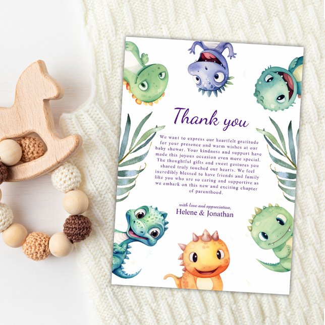 Niedliche Dinosaurier Kinderdusche Dankeskarte (Cute Watercolor Dinosaur Baby Shower Thank You Card)