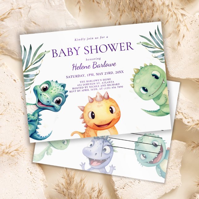Niedliche Dinosaurier Kinderdusche Einladungspostkarte (Cute Watercolor Dinosaur Baby Shower Invitation Postcard)