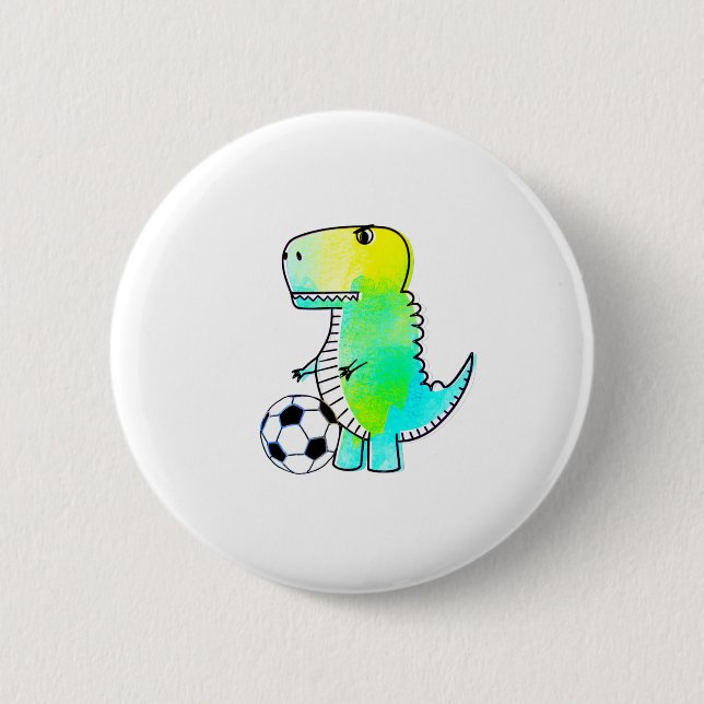 Niedliche Dinosaurier Lieben Fußball Wasserfarbe Button (Vorderseite)