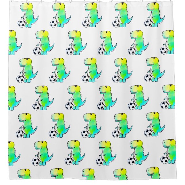 Niedliche Dinosaurier Lieben Fußball Wasserfarbe Duschvorhang (Vorderseite)