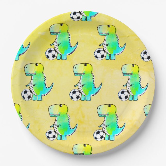 Niedliche Dinosaurier Lieben Fußball Wasserfarbe Pappteller (Vorderseite)