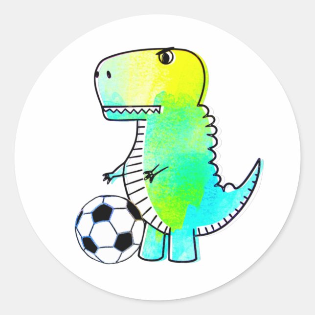 Niedliche Dinosaurier Lieben Fußball Wasserfarbe Runder Aufkleber (Vorderseite)