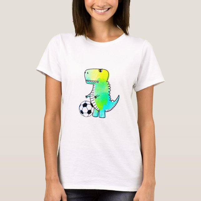 Niedliche Dinosaurier Lieben Fußball Wasserfarbe T-Shirt (Vorderseite)
