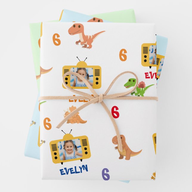 Niedliche Dinosaurier mit benutzerdefiniertem Foto Geschenkpapier Set (Beispiel)