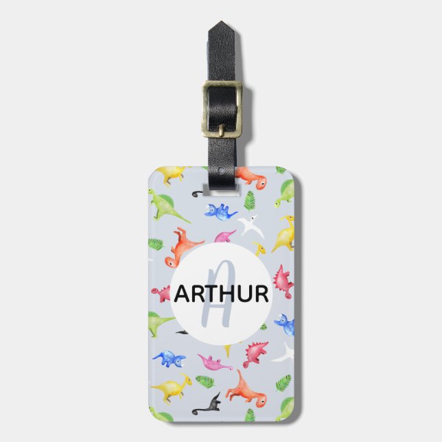Niedliche Dinosaurier Muster Monogramm Name Kinder Gepäckanhänger (Vorderseite vertikal)