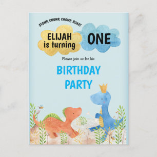 Niedliche Dinosaurier Playing Boy 1. Geburtstag Pa Einladungspostkarte