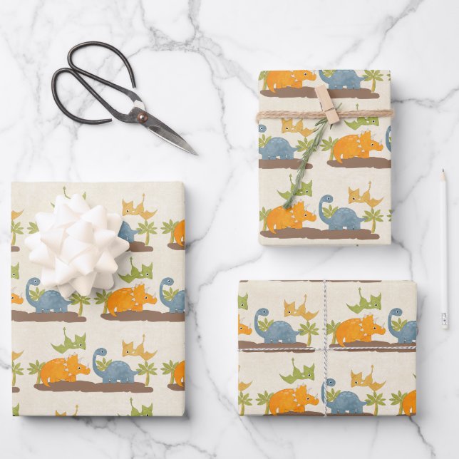 Niedliche Dinosaurier prähistorische Tierwelt Geschenkpapier Set (Vorderseite)
