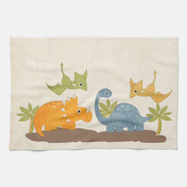 Niedliche Dinosaurier prähistorische Tierwelt Geschirrtuch (Horizontal)