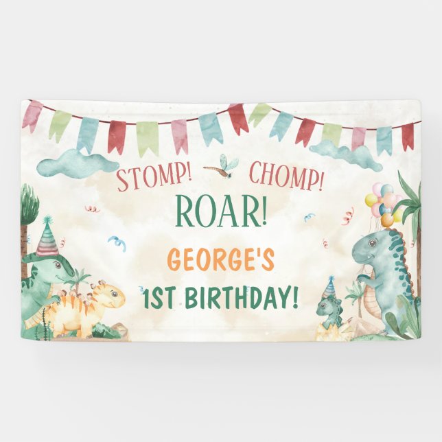 Niedliche Dinosaurier Stomp Chomp Roar Boy Geburts Banner (Horizontal)