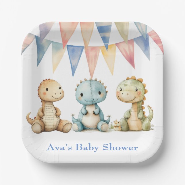 Niedliche Dinosaurier und Friends Boy Baby Dusche Pappteller (Vorderseite)