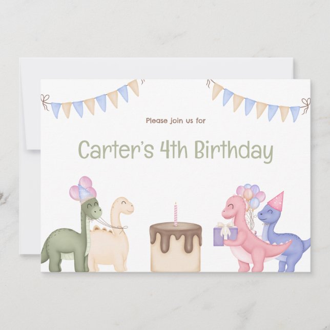 Niedliche Dinosaurier und Kuchen Kind Geburtstag Einladung (Vorderseite)
