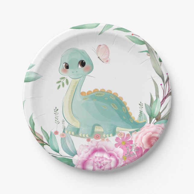 Niedliche Dinosaurier und Pink Peonies Baby Dusche Pappteller (Vorderseite)